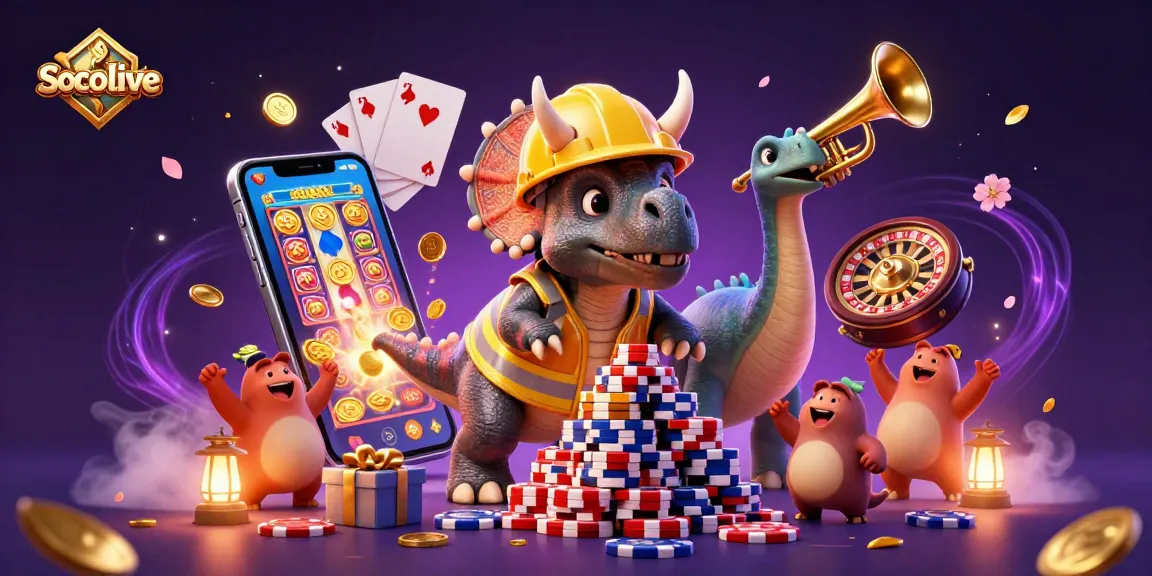 Socolive platform showcases a vibrant casino scene with poker chips and lively 3D characters celebrating wins.
