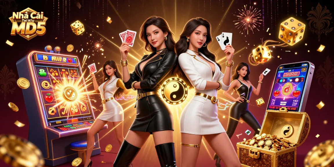 Experience the excitement of Nhà Cái Tài Xỉu MD5 with stunning twin Asian women showcasing loaded playing cards and dynamic casino elements.