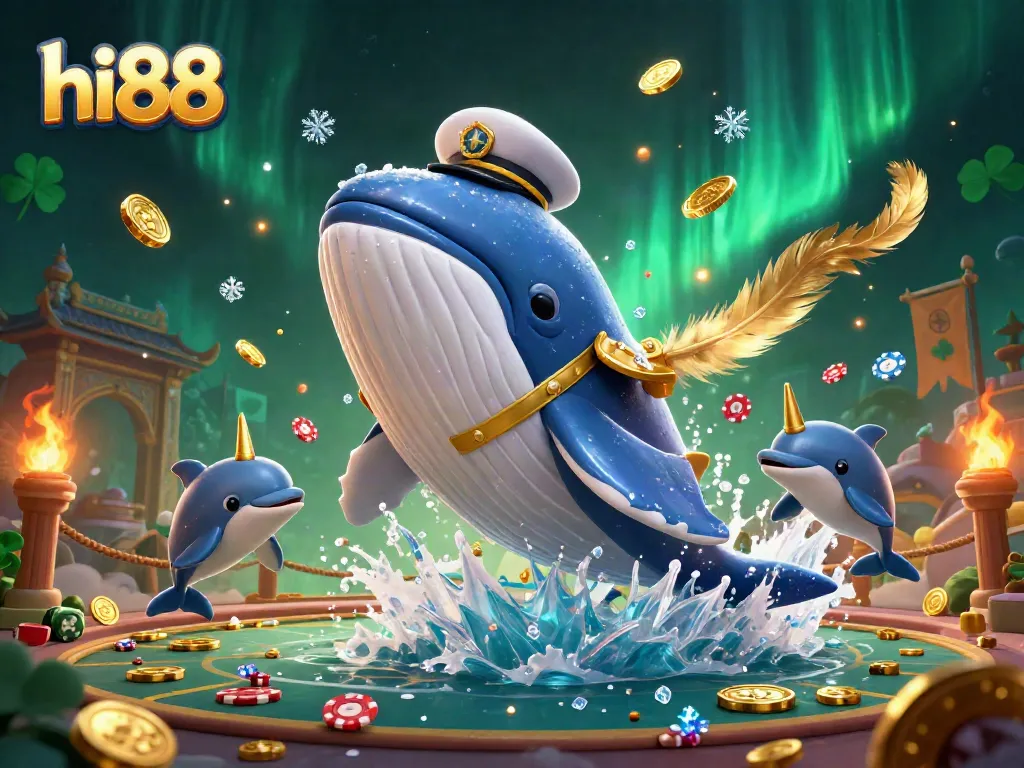 Experience the thrill of hi88 as a whale breaches through coins with narwhals and dolphins in a vibrant casino scene.