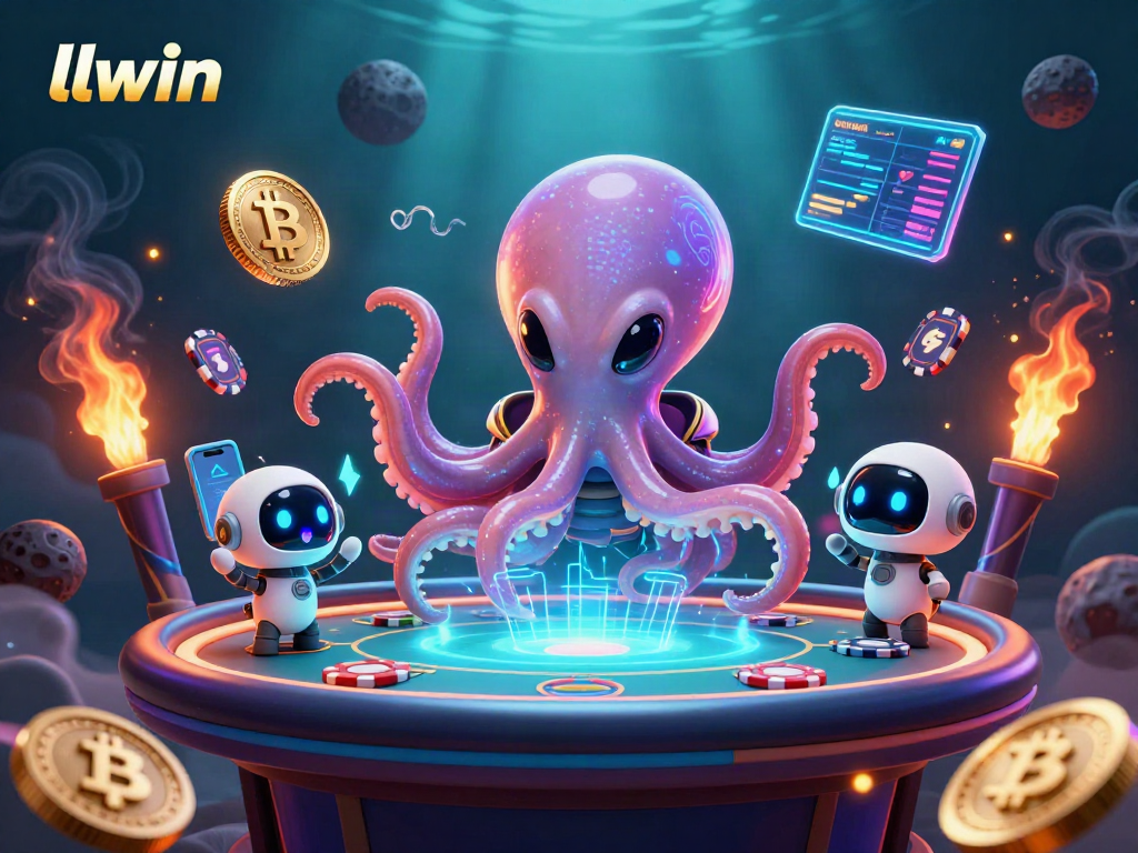 Experience thrilling gameplay at llwin with a vibrant 3D illustration featuring an alien octopus at a poker table.