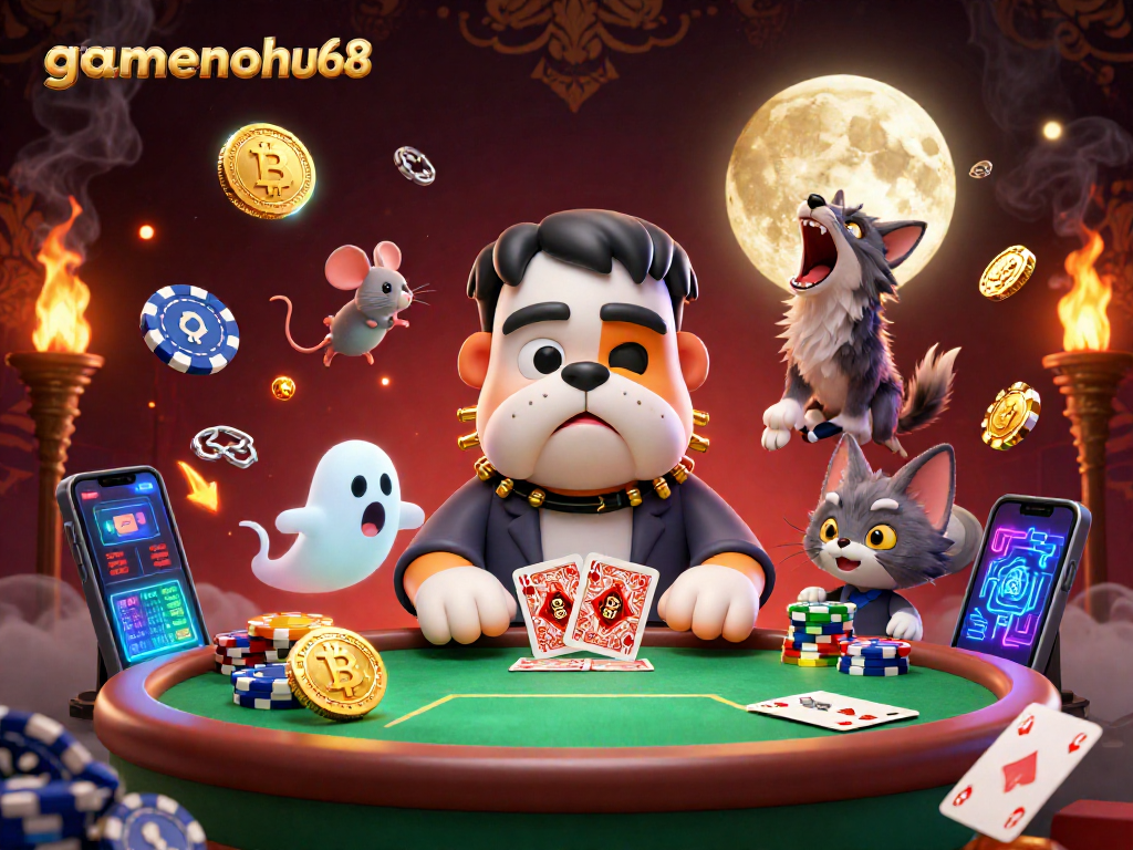 Experience thrilling poker action with gamenohu68's unique characters and vibrant casino elements.