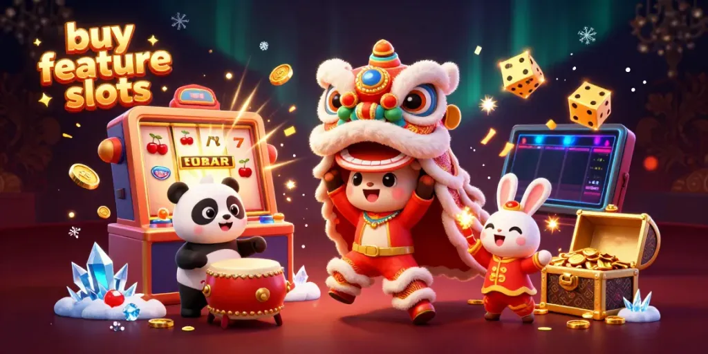 Experience the thrill of buy feature slots with joyful characters in a rich, celebratory casino scene.
