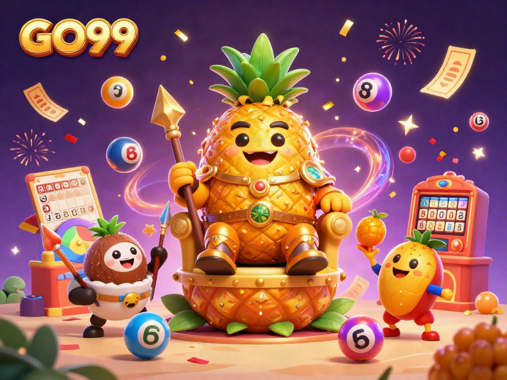 Experience vibrant GO99 action with a golden pineapple king and festive elements in this thrilling casino scene.