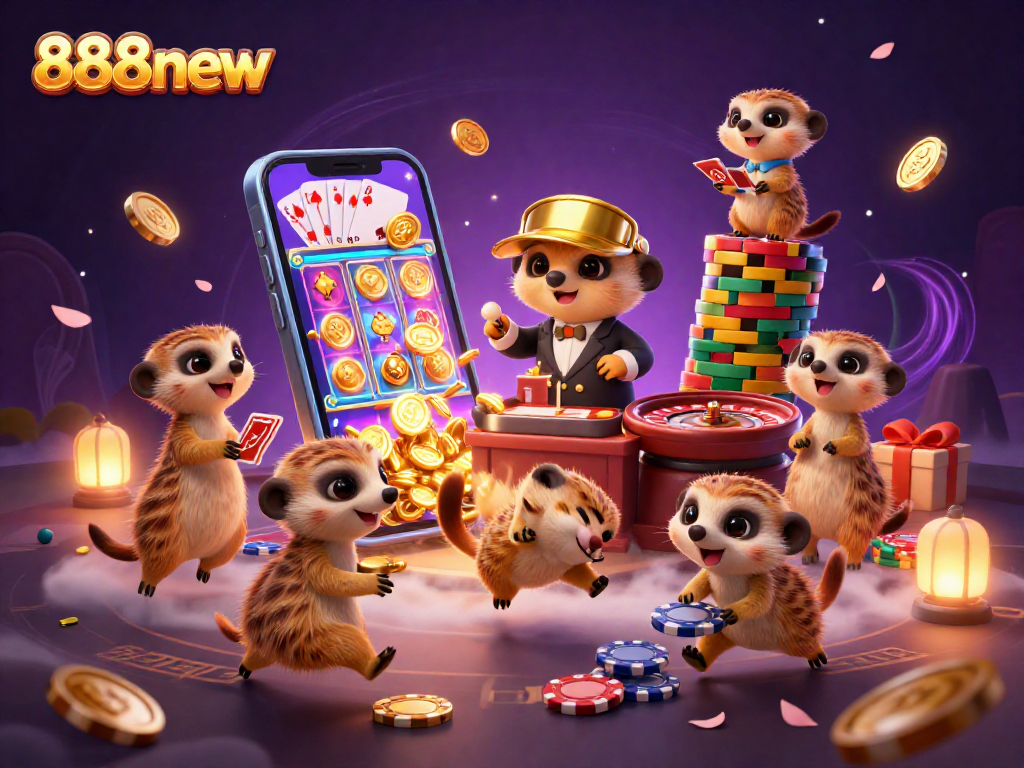 Experience thrilling gameplay at 888new with meerkats running a vibrant casino, full of action and excitement.