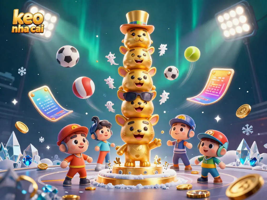 Engage with keo nha cai through a vibrant scene featuring a totem pole, sports elements, and dynamic lighting.