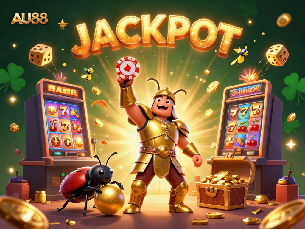 Join the excitement at AU88 with a victorious hercules beetle alongside gaming elements celebrating the jackpot!