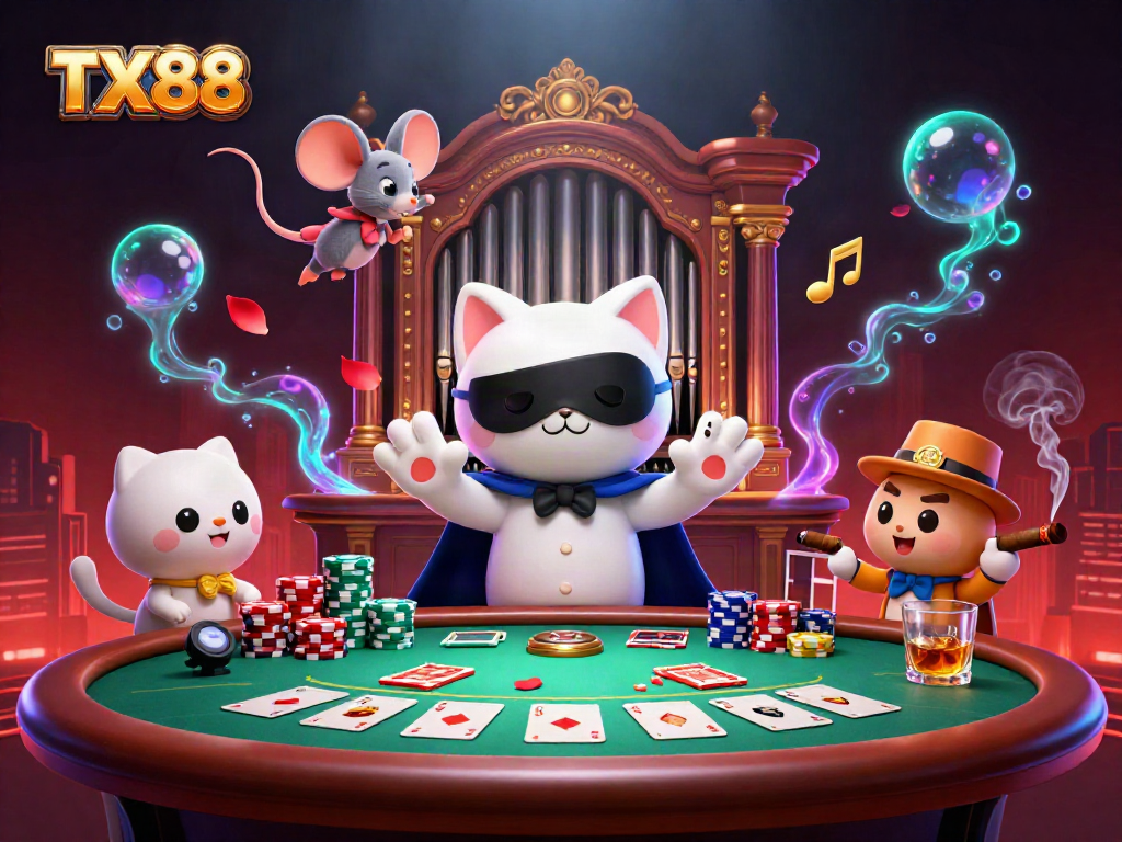 Experience the thrill of TX88 at a vibrant casino with acrobatics and poker action.