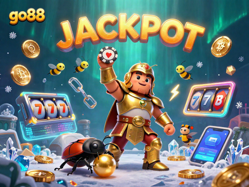 Celebrate the go88 jackpot with vibrant 3D animation of a victorious beetle lifting a poker chip.