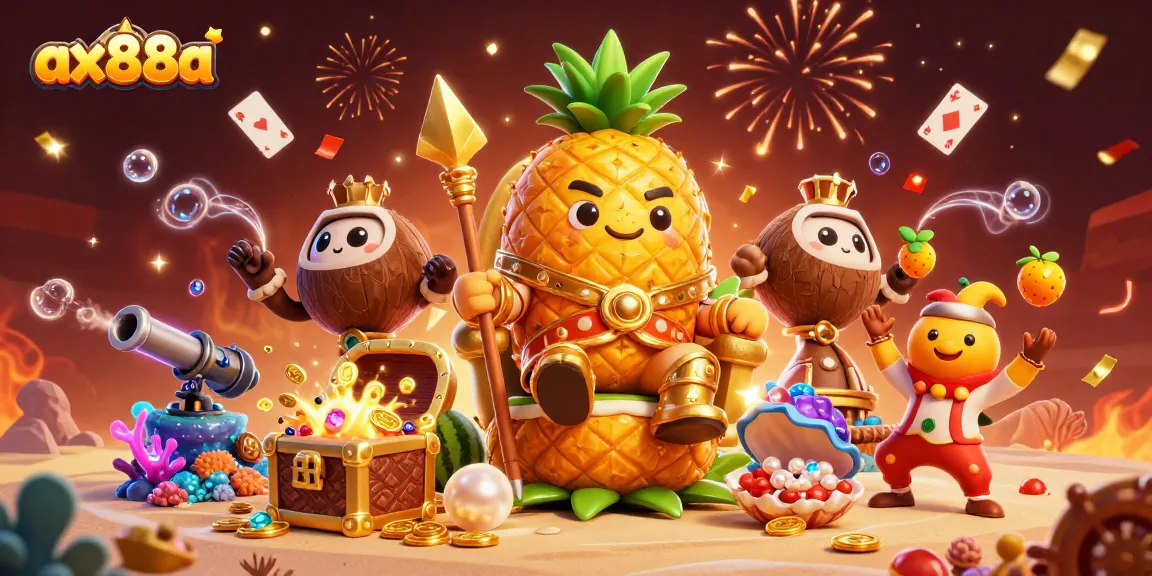 Experience high-stakes fun at ax88a with the golden pineapple king amidst a vibrant beach casino scene.