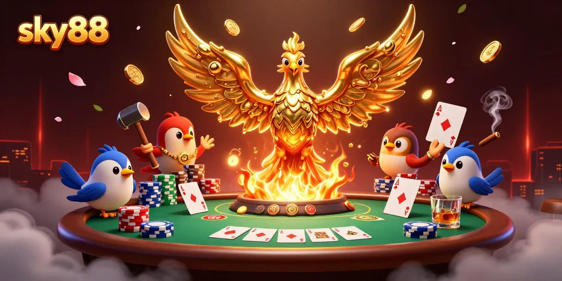 Engage with the vibrant sky88 casino scene featuring a golden phoenix, poker elements, and dynamic lighting.