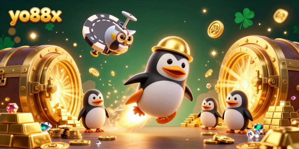 Experience thrilling wins at yo88x with an energetic scene of a penguin and a poker chip casino.