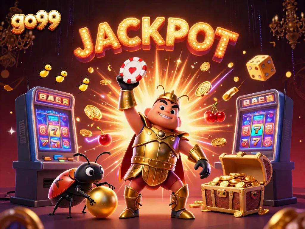 Experience thrilling wins with go99 in an ultra-detailed 3D casino illustration featuring vibrant jackpot celebrations.