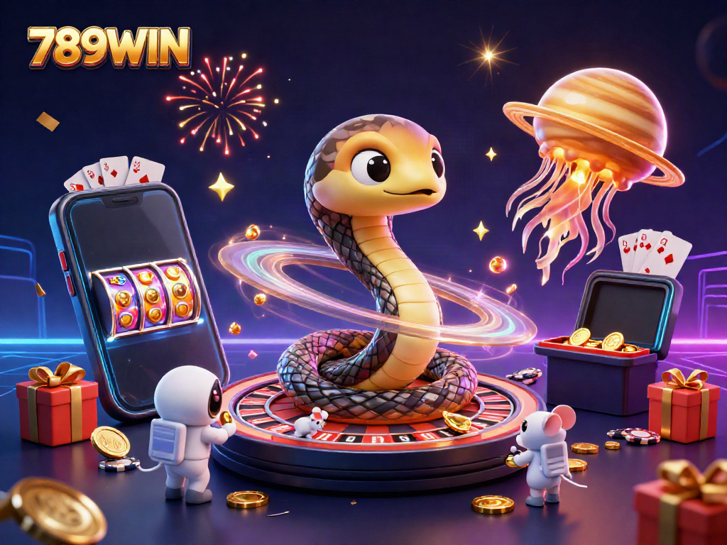 Spin exciting games with 789WIN featuring a cosmic roulette deal and animated playful scenes.