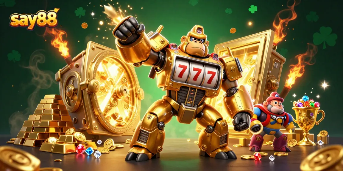 Engage with say88's thrilling casino atmosphere featuring an explosive gorilla mech and shimmering treasures.