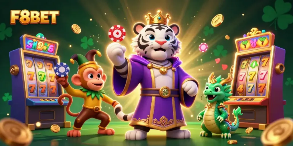 Engage with F8BET's vibrant 3D illustration showcasing an elegant tiger and playful monkey in a rich casino environment.
