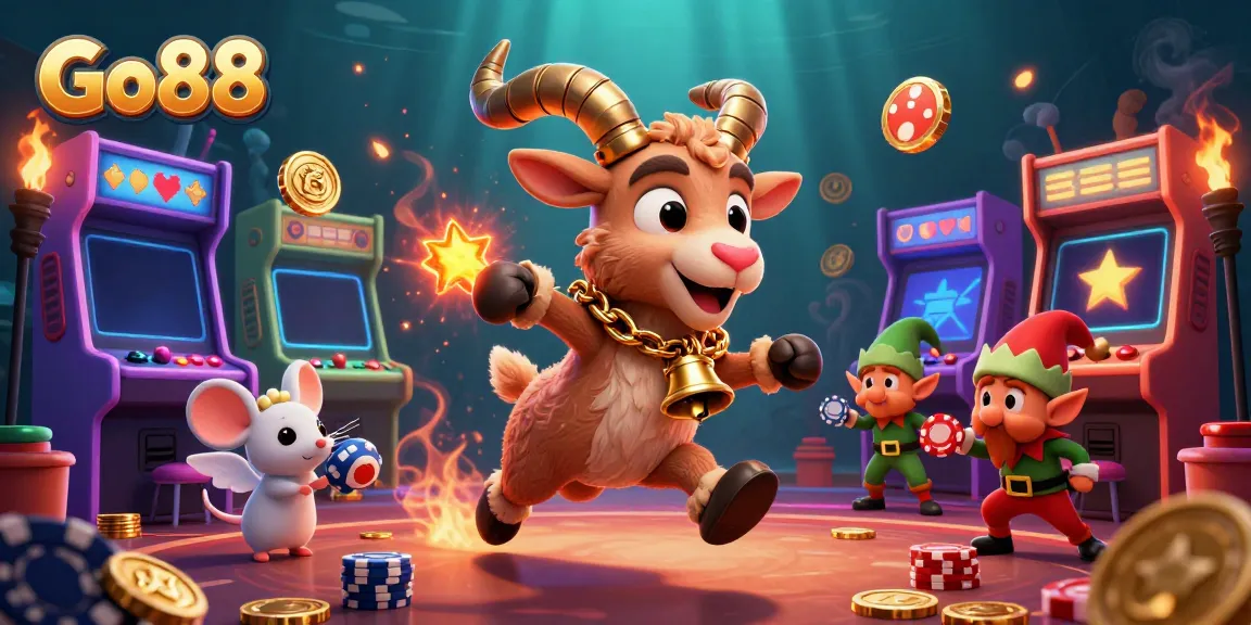 Engage in exciting gameplay at Go88 with a festive Krampus goat overseeing a chaotic holiday casino scene.