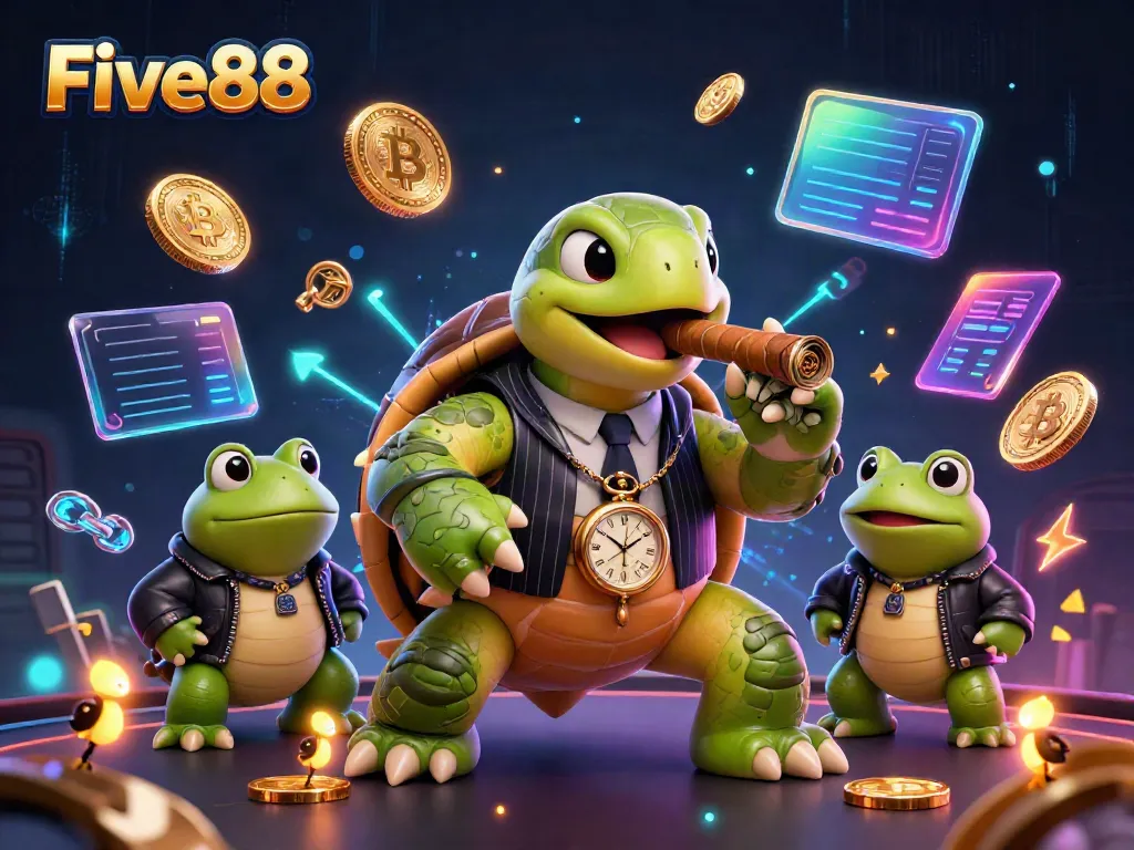 Experience the excitement of Five88 with a vivid 3D casino illustration featuring a snapping turtle mobster and animated elements.
