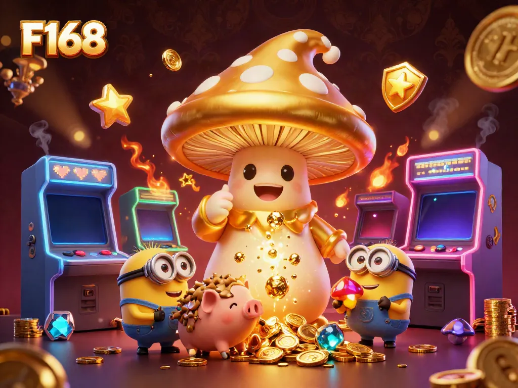 Experience the magic of F168 with the golden mushroom wizard and treasure-hunting truffle pig in a festive casino scene.