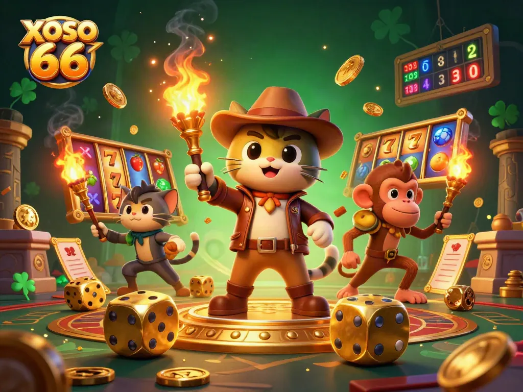 Engage with XOSO 66's thrilling slots experience through a lively temple adventure illustration.