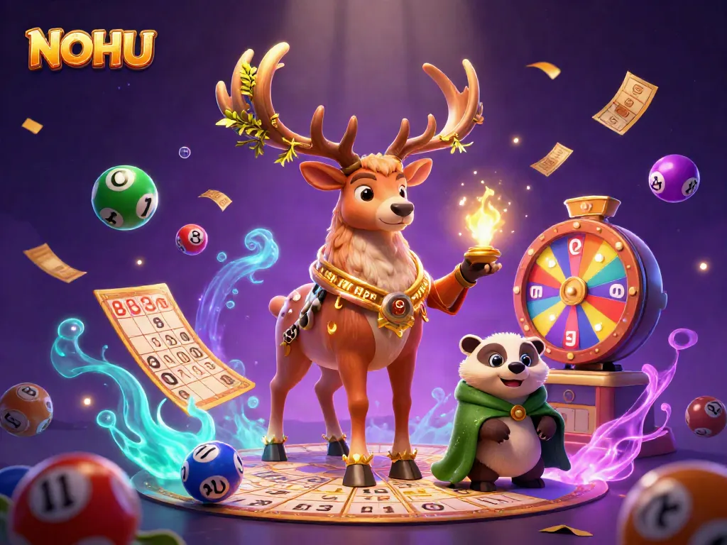 Experience thrills with NOHU's vibrant illustration showcasing slot machine elements and magical creatures.