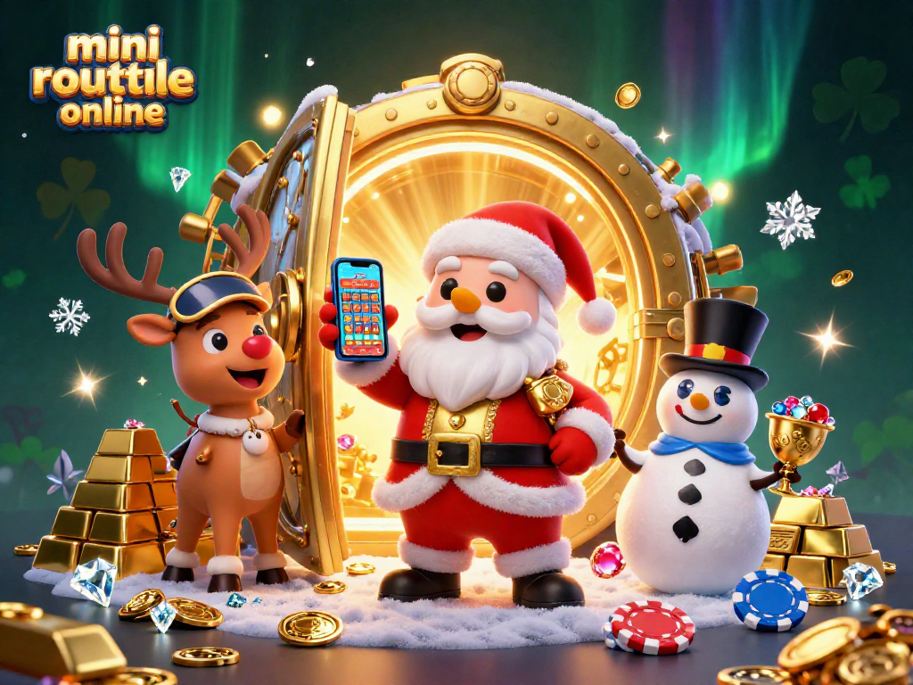 Engage in thrilling mini roulette online with Santa, reindeer, and snowman in a lively casino scene.
