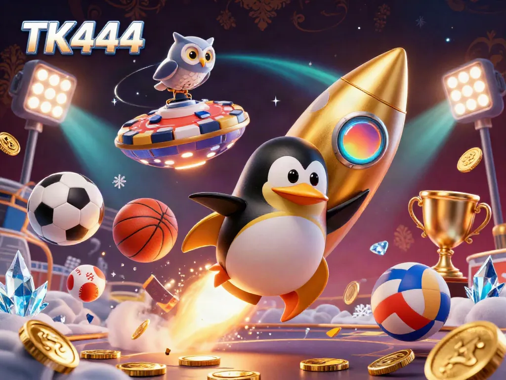 Experience thrilling gaming adventures with TK444, featuring a golden penguin and casino elements.