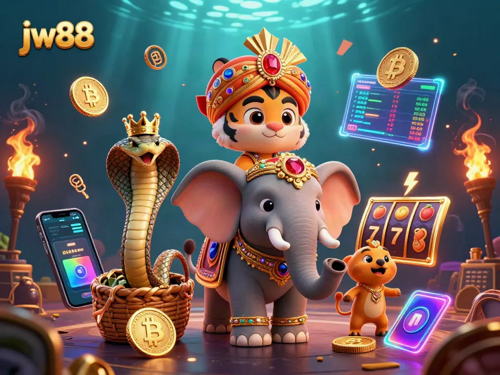 Experience the excitement of jw88's vibrant casino realm featuring a jewel-encrusted elephant and dynamic gaming elements.