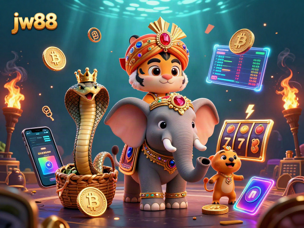 Experience the excitement of jw88's vibrant casino realm featuring a jewel-encrusted elephant and dynamic gaming elements.