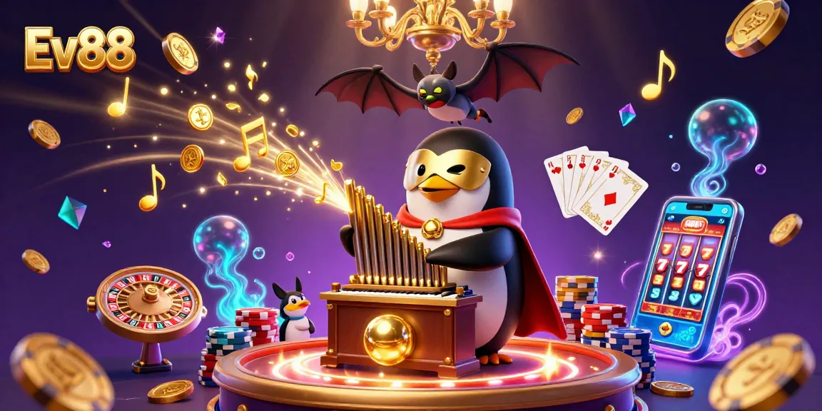 Experience Ev88's thrilling gaming atmosphere with golden coins and vibrant casino elements.