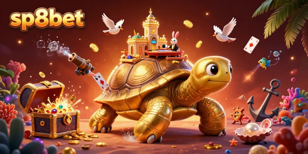 Experience thrilling gameplay at sp8bet with energetic scenes featuring a gold tortoise casino and vibrant characters.