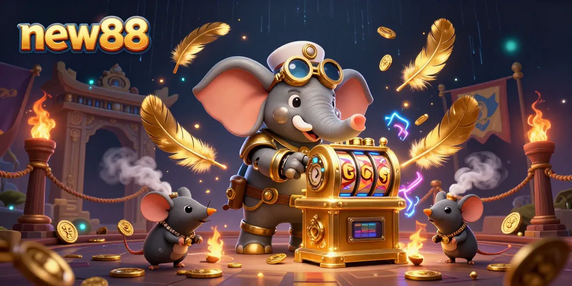 Experience exciting wins at new88 with golden slot machines and vibrant gambling elements in this captivating scene.