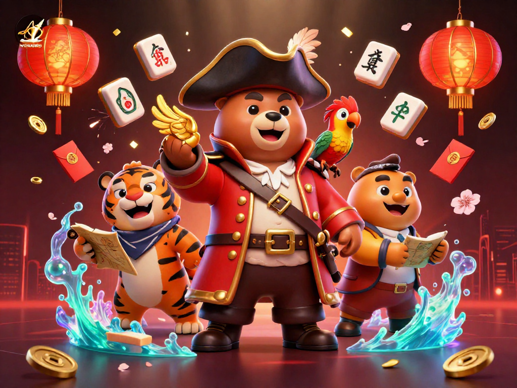 Engage with web sunwin through a dynamic 3D illustration showcasing a pirate bear and tiger in a vibrant casino scene.