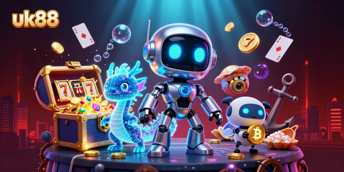 Engage in thrilling casino fun with the uk88 holographic dragon and cyberpunk robot amidst vibrant slot games.