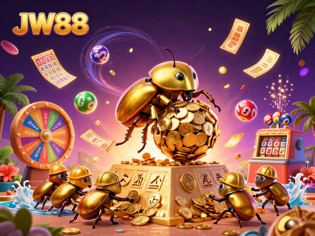 Engage in winning strategies with JW88 through vibrant casino-themed 3D illustration.