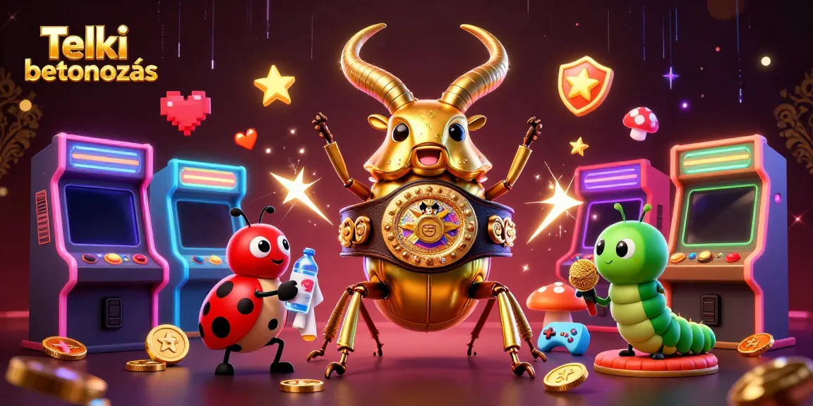 Experience Telki betonozás with a giant stag beetle boxing amidst vibrant arcade elements.