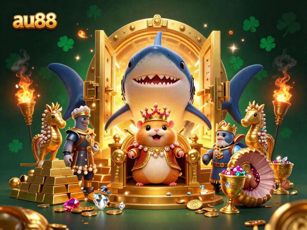 Experience the vibrant fantasy world of au88 with a golden hamster king ruling over treasure-filled splendor.