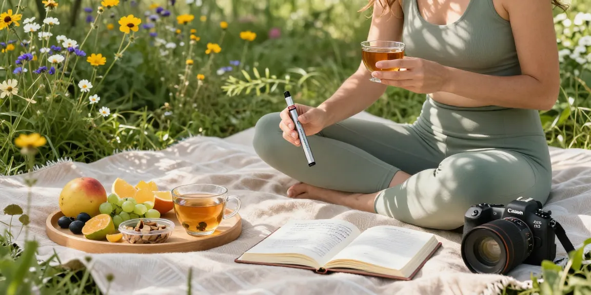 Enjoying THC vape juice amidst nature, with elements of wellness and organic living.