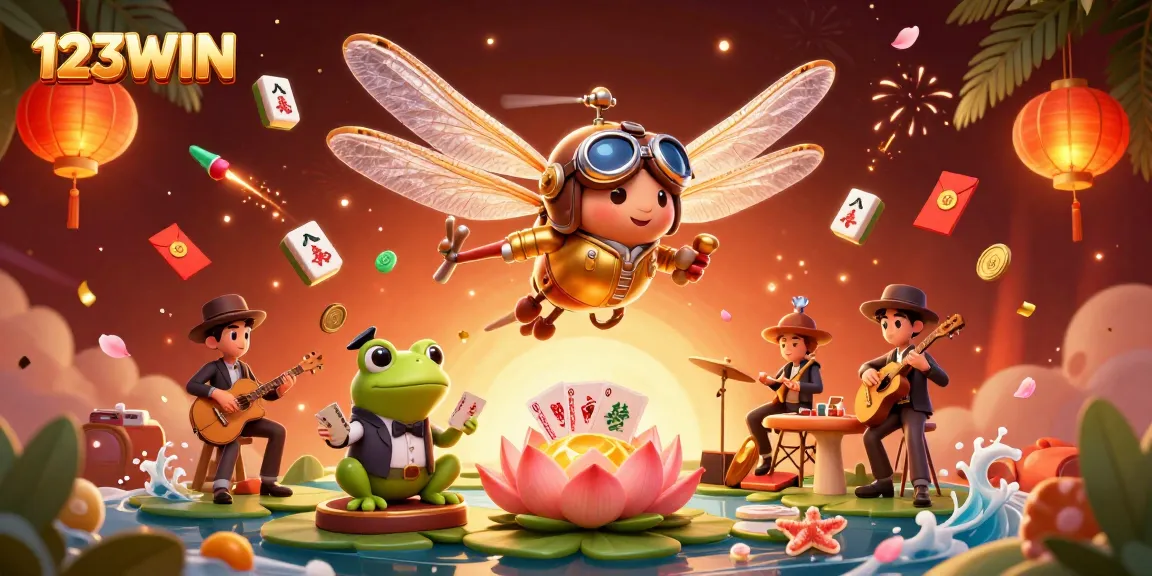 Win big with 123WIN in a vibrant casino scene featuring games, cards, and celebrations.