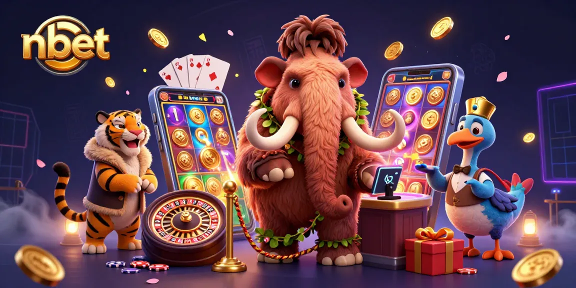 Engage with nbet slots featuring a whimsical characters bouncer, VIP, and doorman in a lively casino scene.