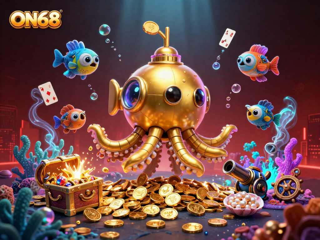 Experience thrilling adventures at ON68, where the golden kraken submarine surfaces among treasures and mechanical fish in a vibrant underwater scene.
