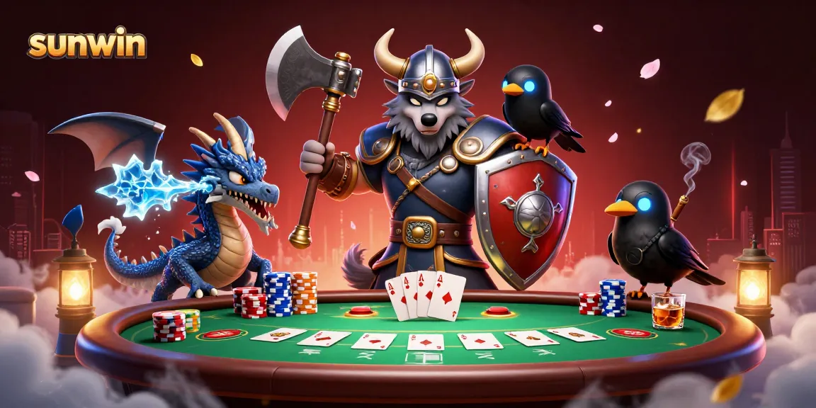 sunwin poker scene featuring a Viking warrior, fierce dragon, and cartoon raven, full of action and vibrant colors
