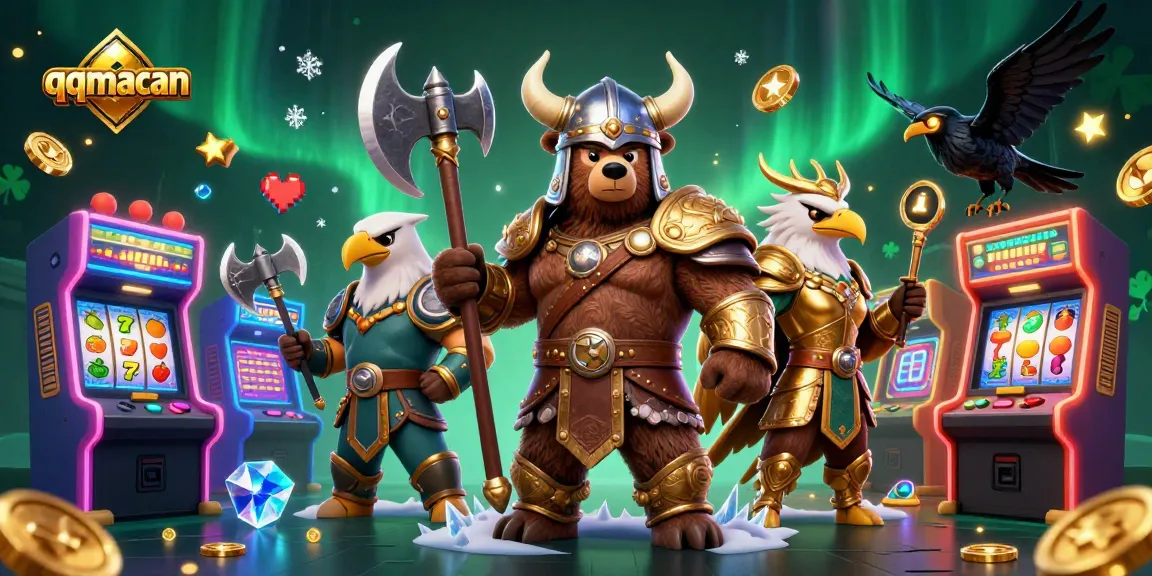Engage with qqmacan's vibrant casino excitement featuring a bear, eagle, and dynamic game elements.