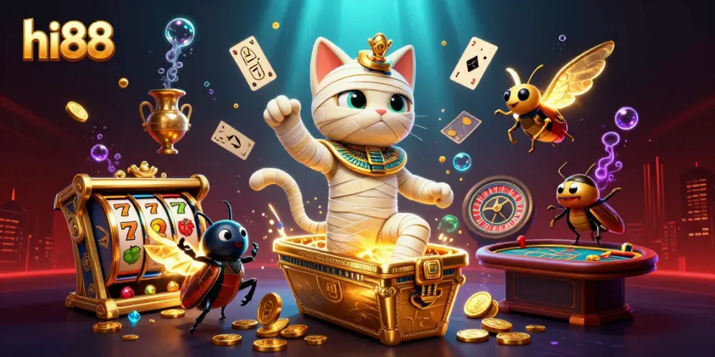 Experience thrilling wins at hi88 with our dynamic casino scene featuring a mummy cat and golden symbols.