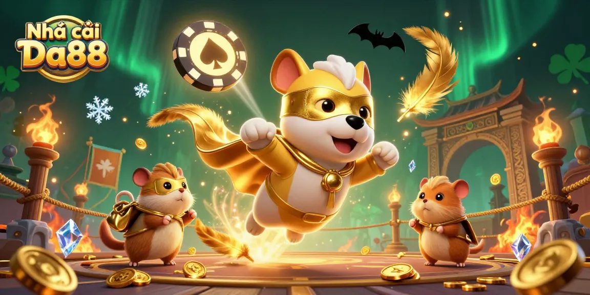 Bet on excitement with Nhà cái Da88 as a superhero dog flies with a bag of coins.