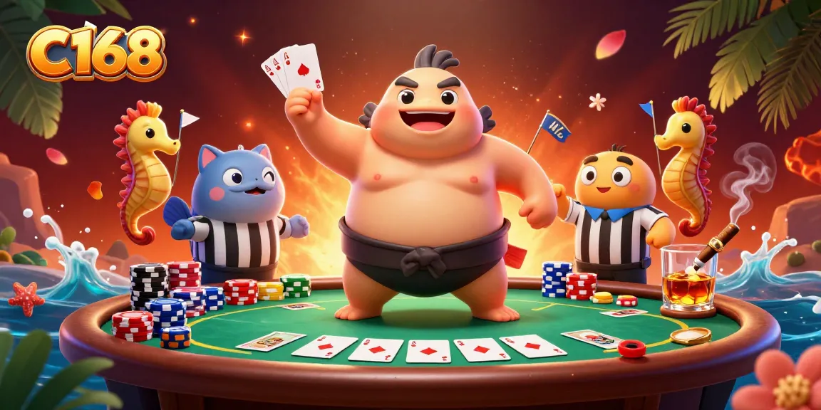 C168 brings exciting poker action to life with a vibrant underwater casino scene featuring a cartoon fugu and celebrating characters.