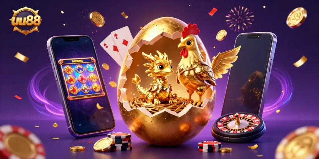 Experience the excitement of uu88 with a vibrant scene of a golden dragon amid casino elements, showcasing the thrill of online gaming.