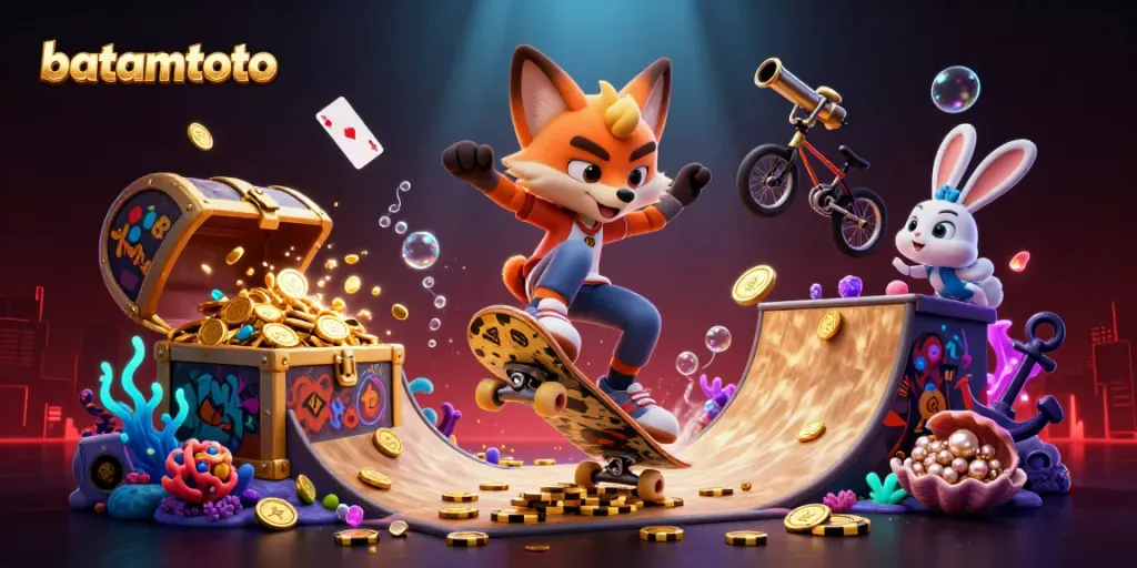 Experience thrilling slots with batamtoto illustrated in a vibrant, dynamic scene of casino fun.