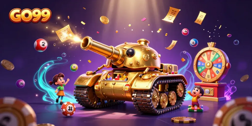 Experience thrilling gaming with GO99's golden casino tank amidst colorful lottery excitement.