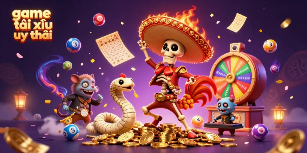 Engage with game tài xỉu uy tín featuring a festive mariachi rooster, golden coins, and vibrant lottery elements.