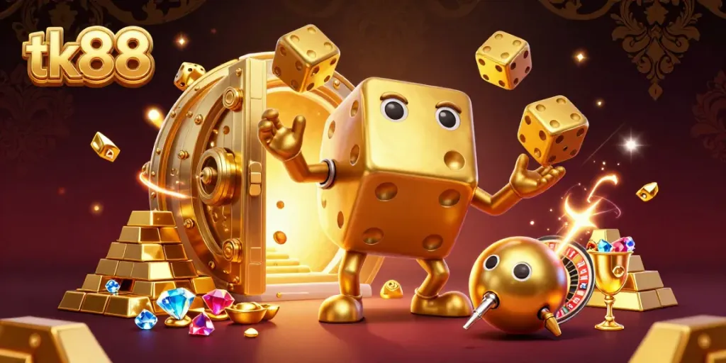 Experience the thrill of tk88 with a vibrant 3D cartoon casino scene featuring golden dice and treasures.
